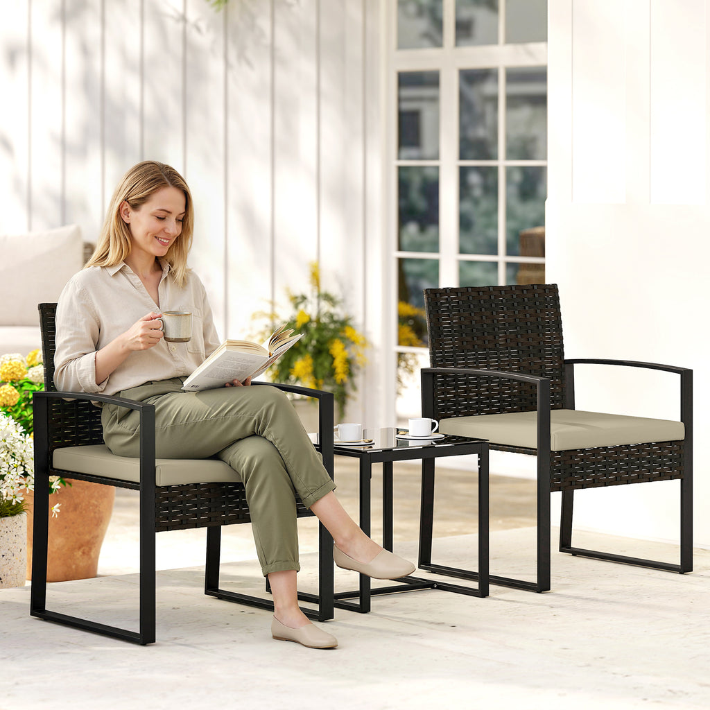 Salon de jardin extérieur en résine tressée 2 personnes, table de jardin avec 2 chaises, plateau en verre trempé, marron-9