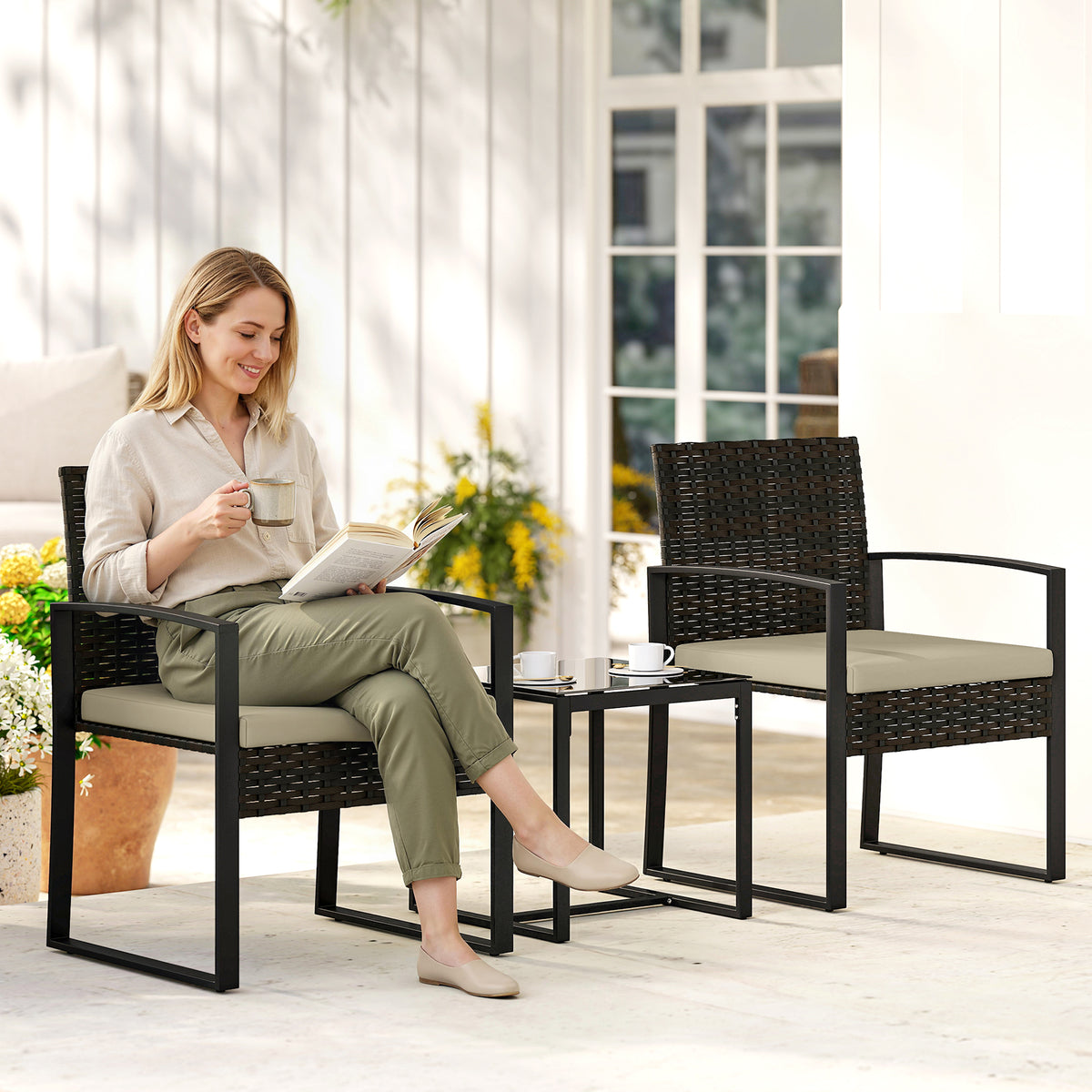 Salon de jardin extérieur en résine tressée 2 personnes, table de jardin avec 2 chaises, plateau en verre trempé, marron-9