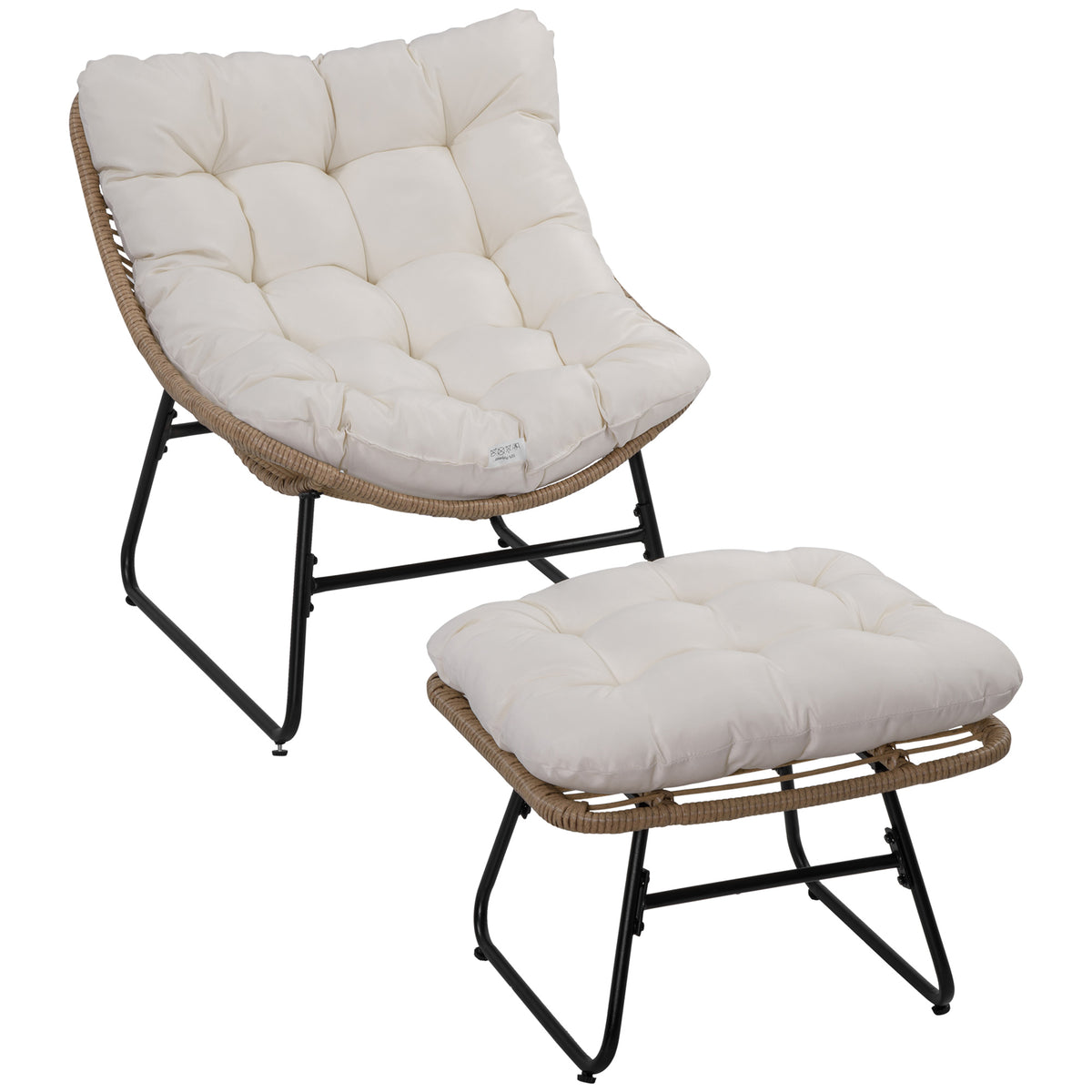 Fauteuil chaise de jardin avec repose-pieds en métal époxy et résine tressée aspect rotin avec coussins-0