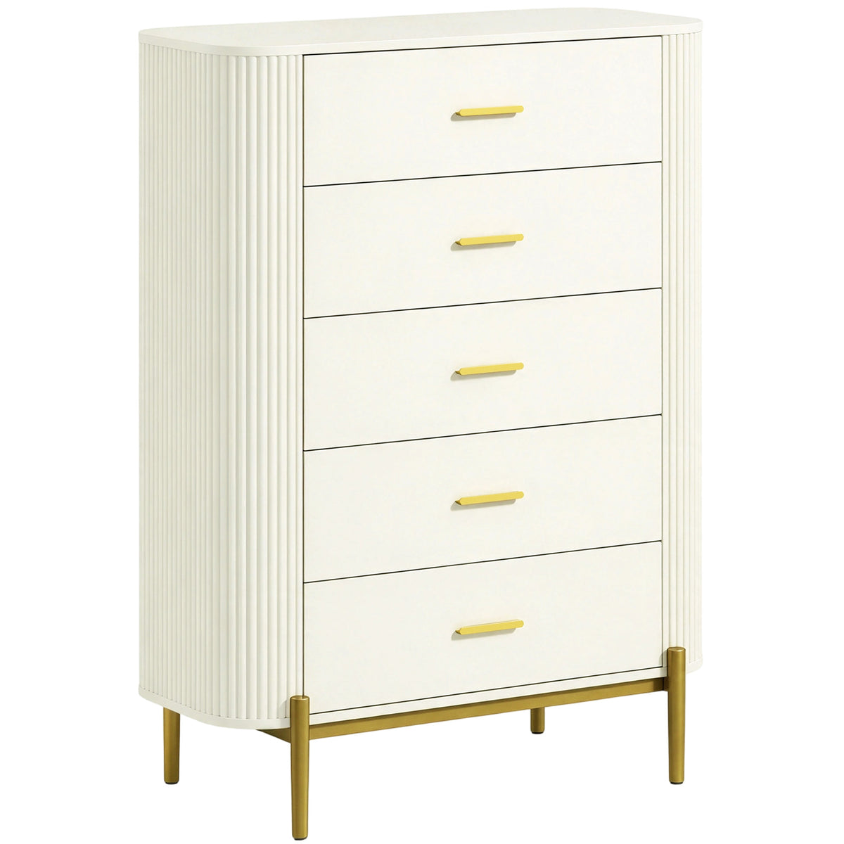 Commode 5 Tiroirs, Meuble de Rangement avec Façades Rainurées et Pieds en Métal, Style Moderne, 90x44x120cm, Gris Clair-0