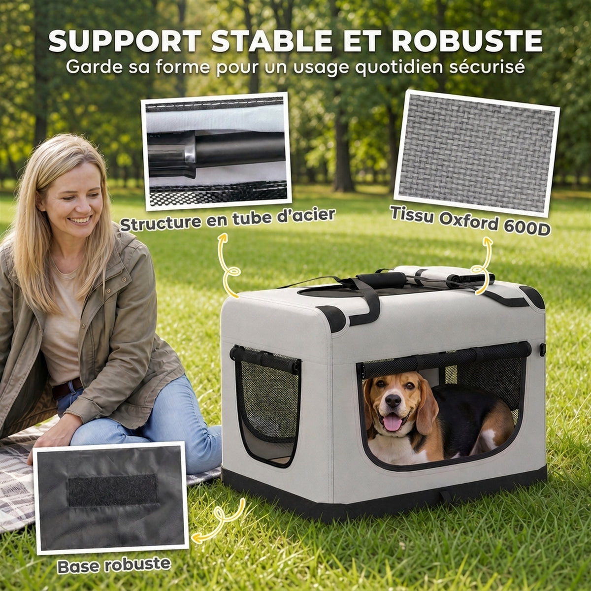 Grand Sac Transport Chat Chien Plaible Respirant Sangle Sécurité Coussin Lavable Gamelle Pliable 81x56x58cm Gris Clair-4