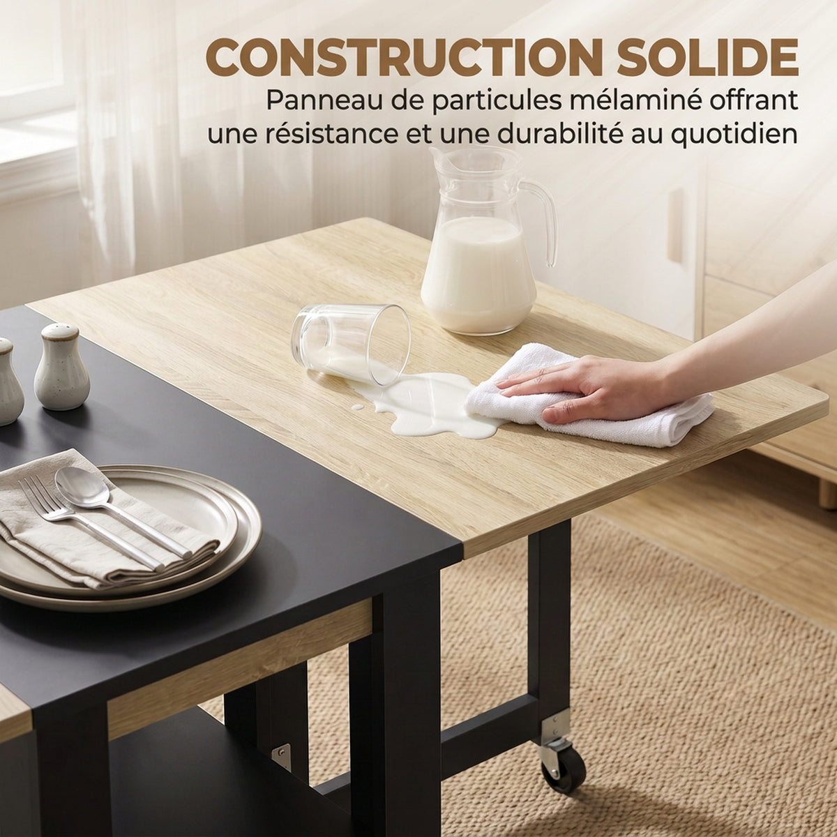 Table à Manger Pliante sur Roulettes, Table de Cuisine pour 2 à 4 Personnes avec Étagères de Rangement, Chêne et Noir-6