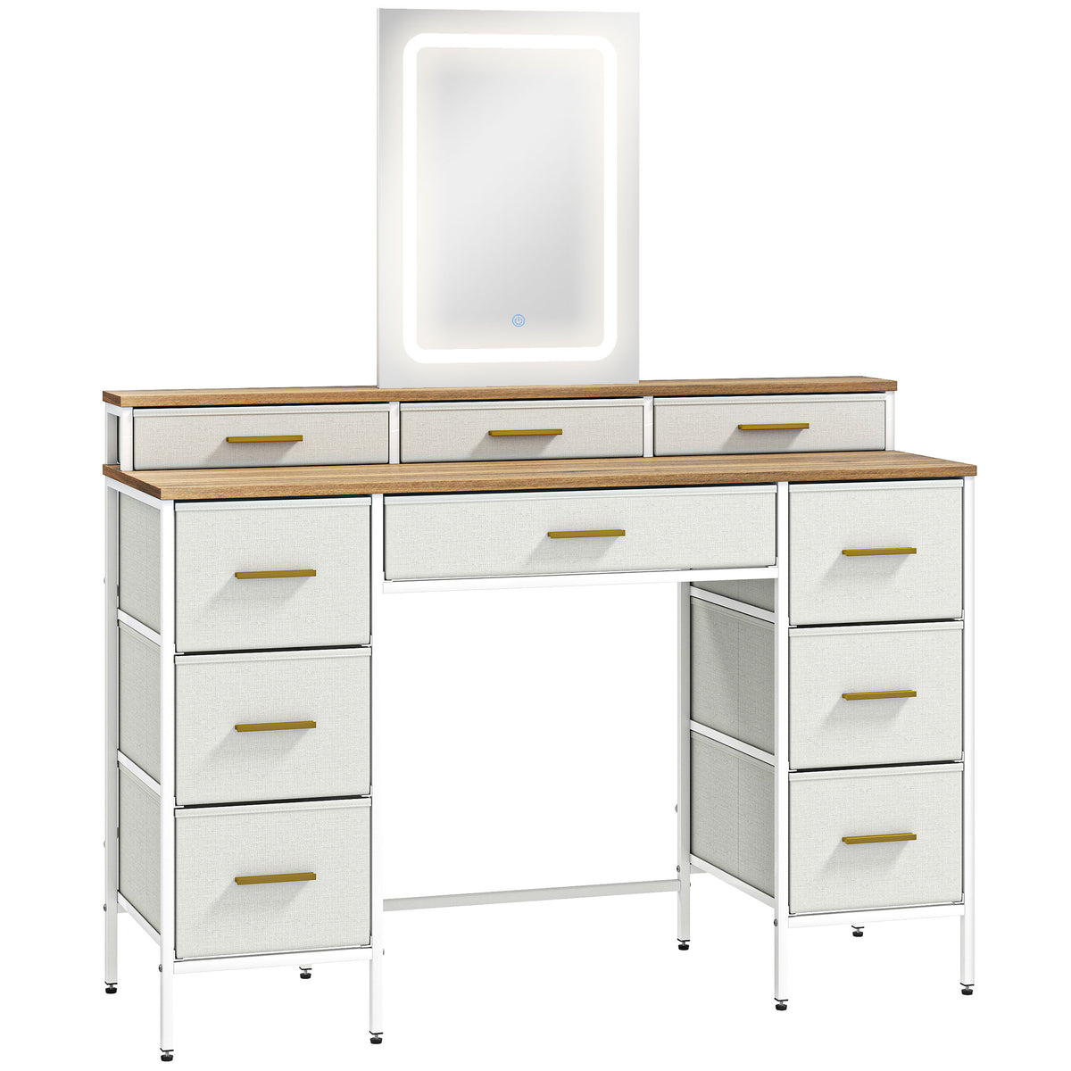 Coiffeuse avec miroir et lumières LED 3 couleurs, table de maquillage 10 tiroirs en tissu, 118,5 x 39,5 x 140 cm naturel-0