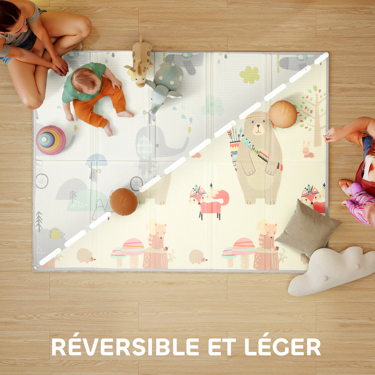 Tapis de jeu pour bébé pliable et réversible, tapis de sol en mousse épais, 200 x 150 x 1,5 cm, multicolore-3