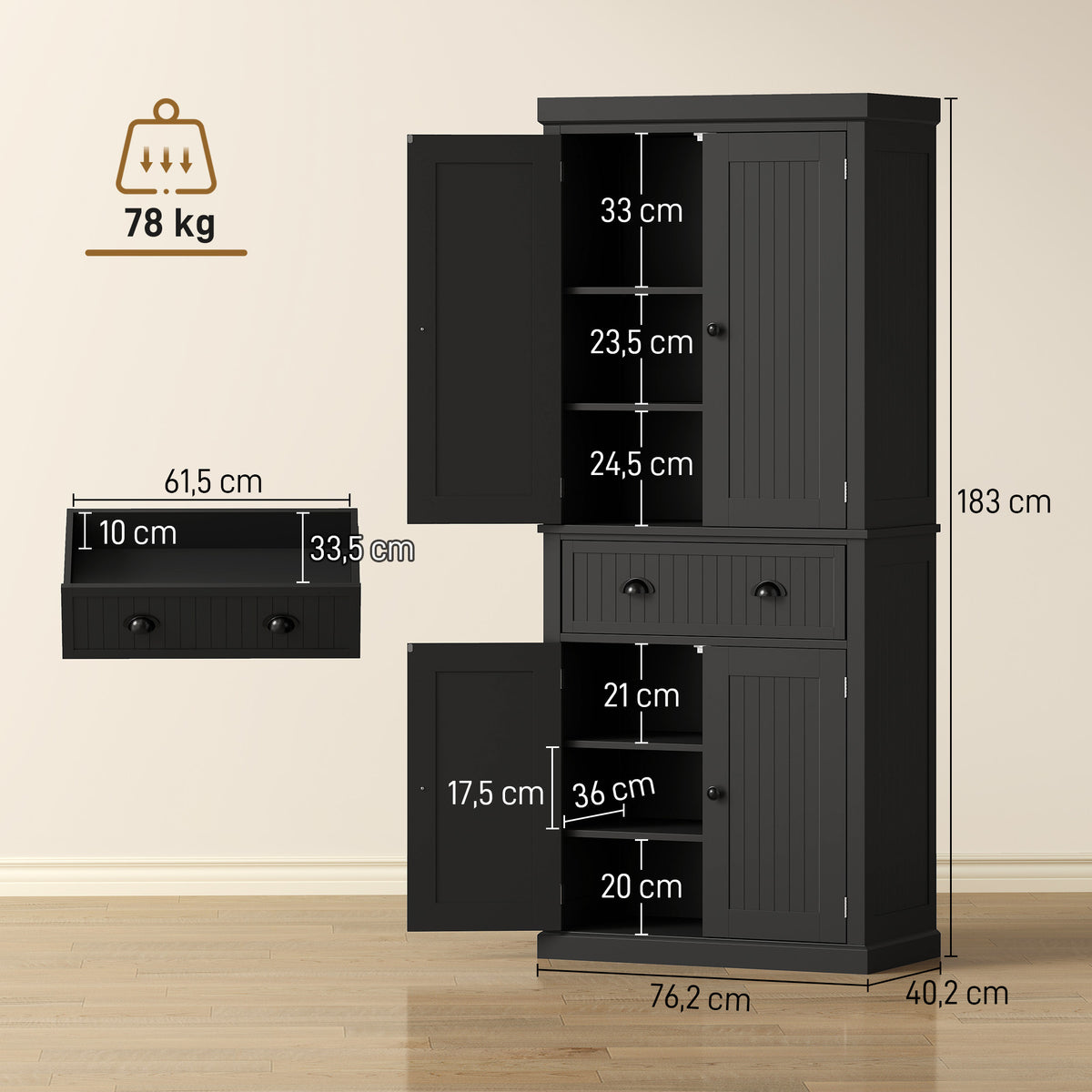 Buffet haut cuisine, armoire de cuisine avec 4 portes, tiroir et étagères réglables, 76,2 x 40,2 x 183 cm, noir-2