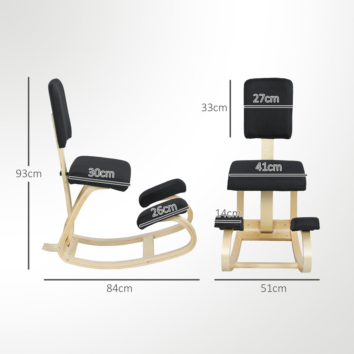 Siège assis genoux, tabouret ergonomique en bois à bascule avec dossier, chaise à genoux pour bureau à domicile, noir-2