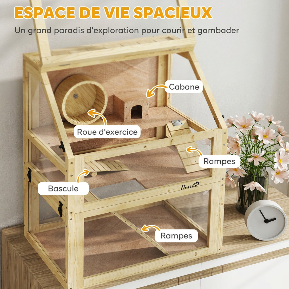 Cage Hamster Rongeur à 3 Niveaux, Fond Amovible, Cabane, Balançoire, 60x40x75cm, Finition Bois Naturel-3