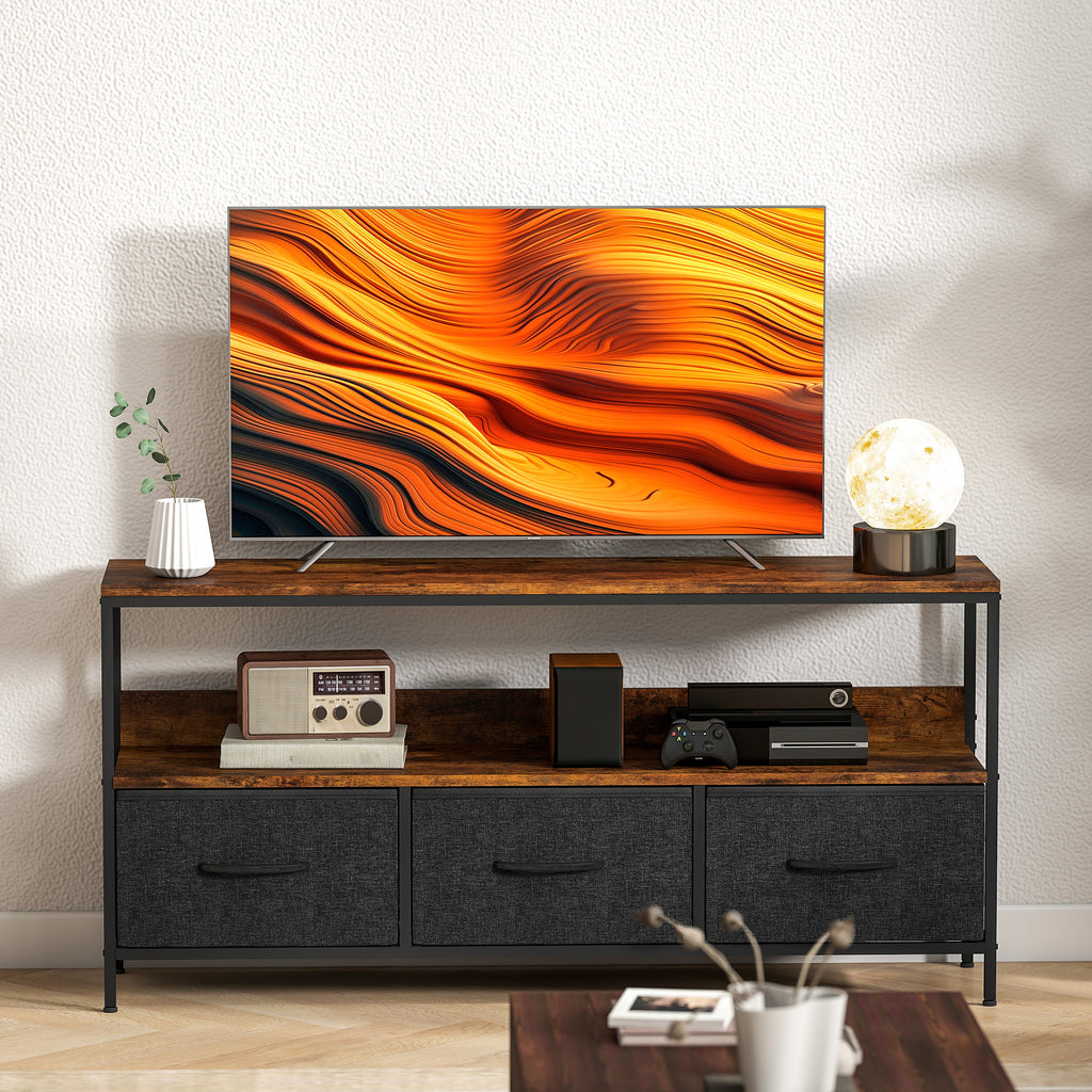 Meuble TV, meuble télé pour téléviseur jusqu'à 55 pouces avec 3 tiroirs et pieds en acier 120 x 29 x 56 cm brun rustique-8
