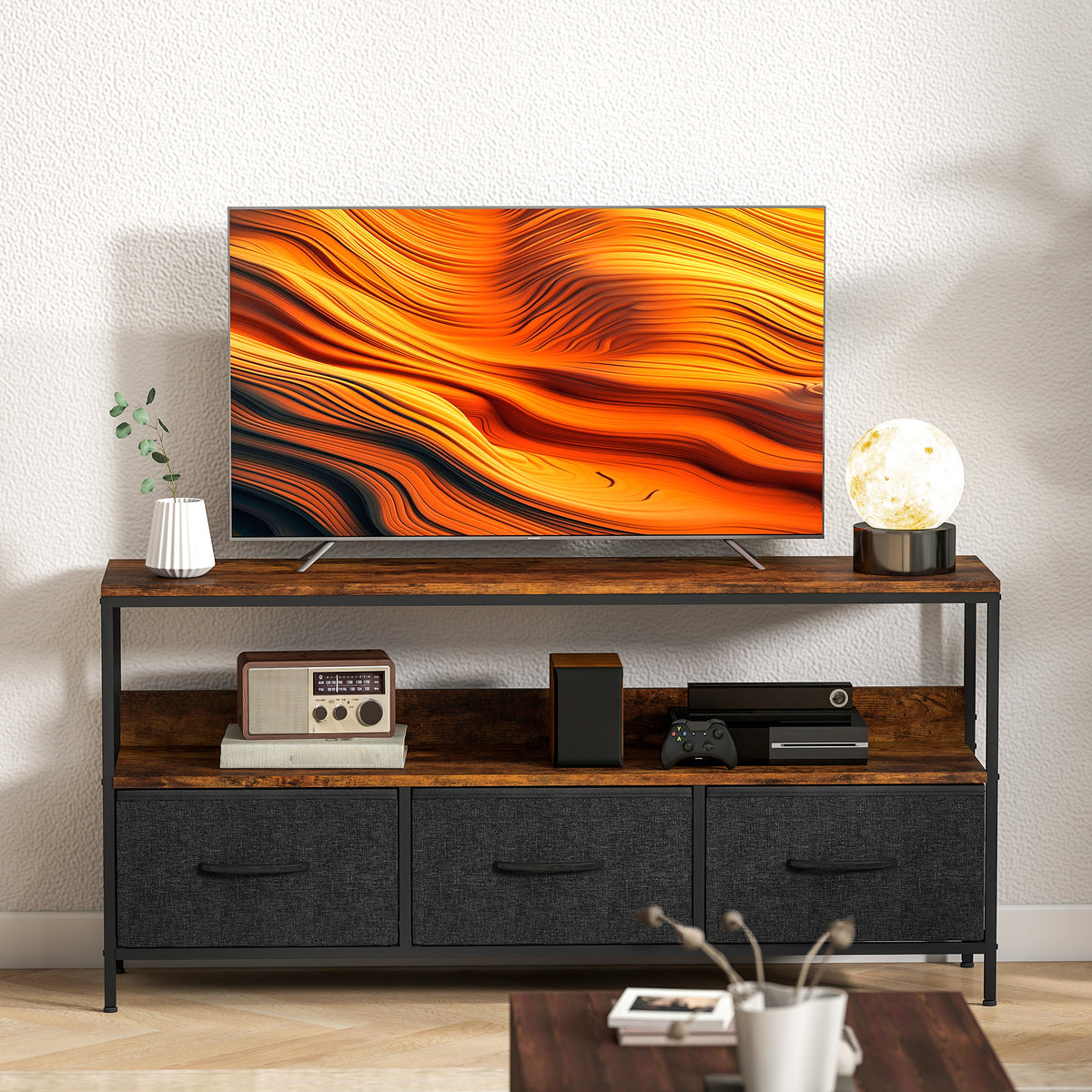 Meuble TV, meuble télé pour téléviseur jusqu'à 55 pouces avec 3 tiroirs et pieds en acier 120 x 29 x 56 cm brun rustique-8