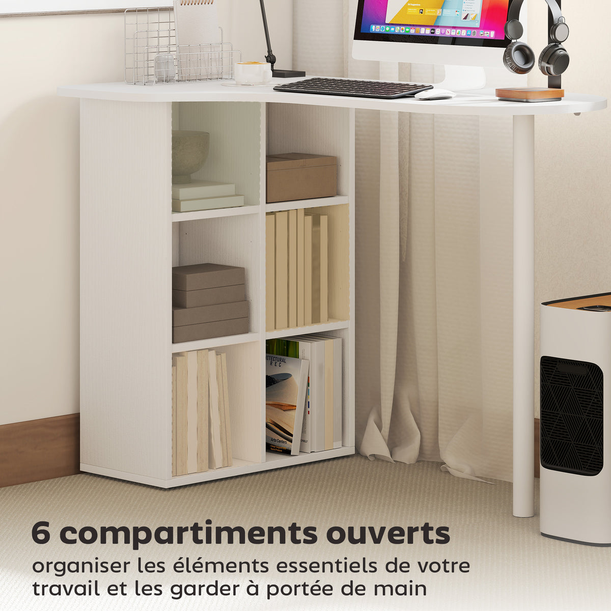 Bureau irrégulier table d'ordinateur 100 x 59 cm avec 6 compartiments, 4 étagères réglables et cadre en acier, blanc-4