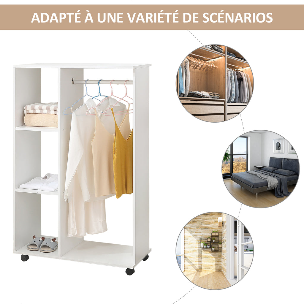 Portant à vêtements penderie Mobile avec roulettes 3 étagères latérales + Grand Espace penderie Panneaux Particules Blanc-3