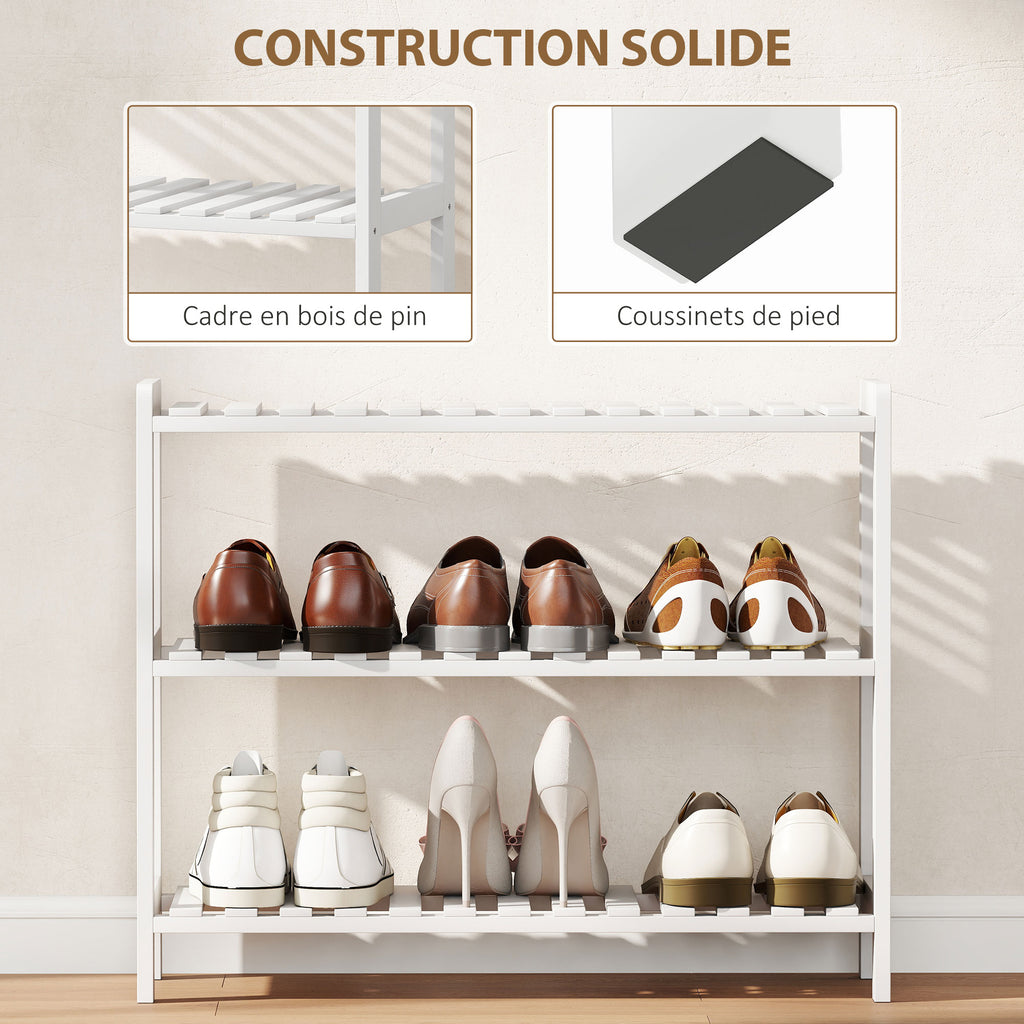 Étagère à chaussures, porte-chaussures 3 niveaux, étagères à lattes, en bois de pin， 70 x 26 x 57,5 cm, blanc-5