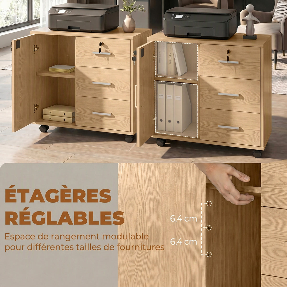 Caisson bureau meuble de rangement verrouillable avec 3 tiroirs et étagère réglable, roulettes, 40 x 60 x 56 cm, marron clair-5