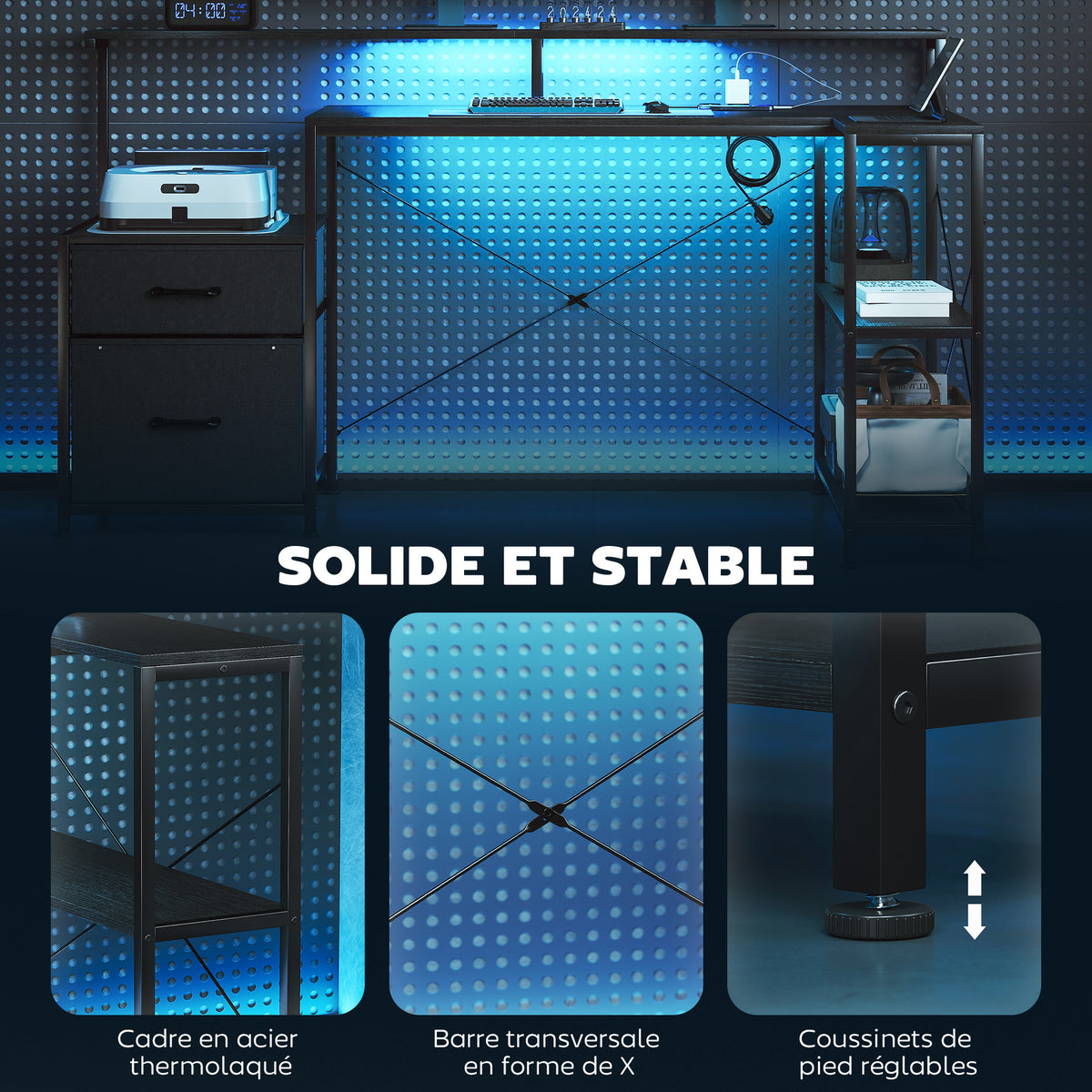 Bureau Gaming d'Angle 165 x 80 cm, Éclairage LED et Station de Charge, Support pour 2 Écrans et 2 Tiroirs en Tissu, Noir-7