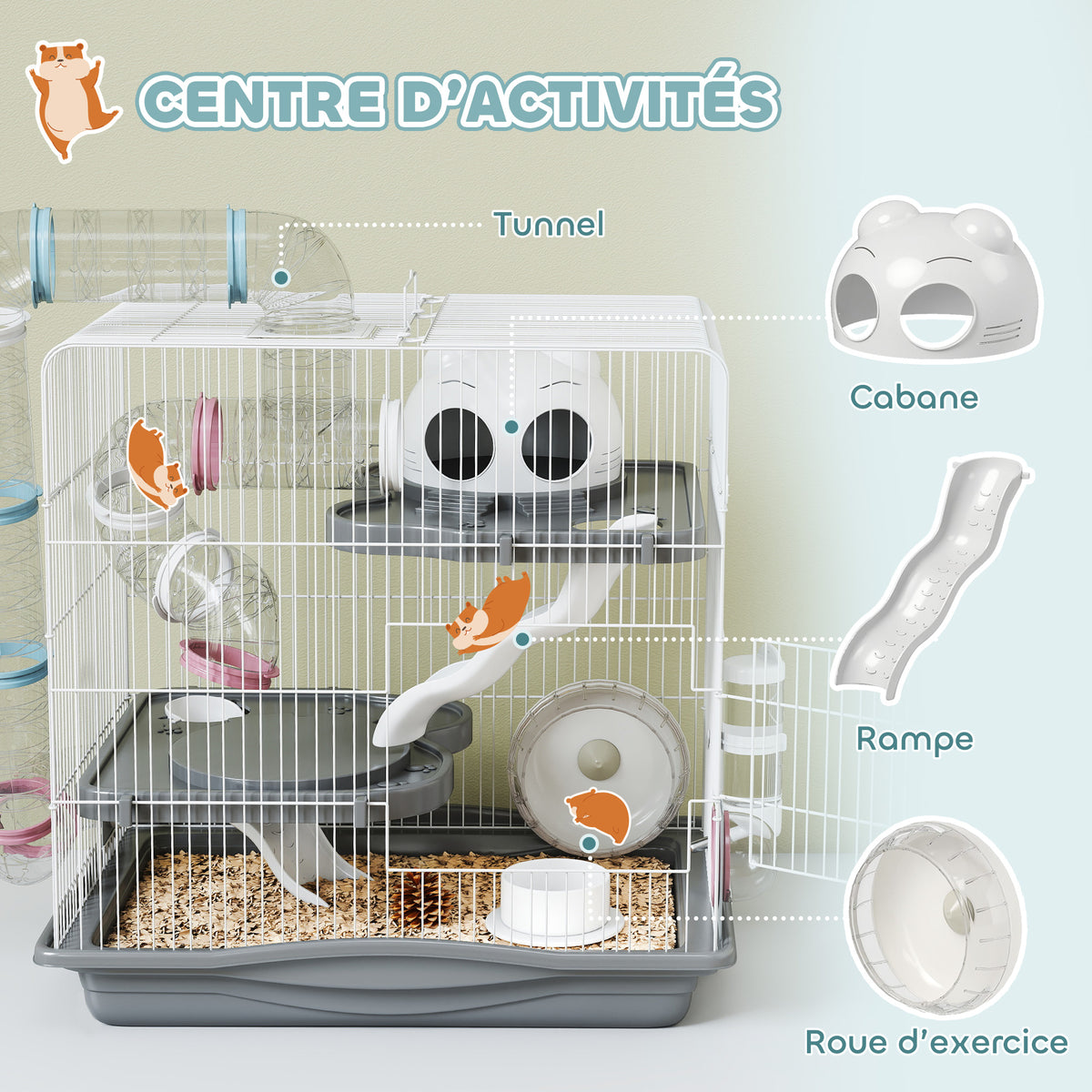 Cage hamster, cage rongeur à 3 niveaux, roue d'exercice, tunnel, gamelle, niche et rampe d'accès, 45 x 30 x 45 cm, gris-4