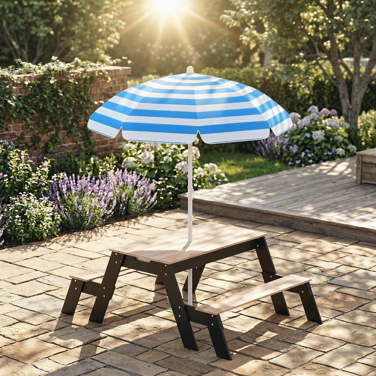 Table de pique-nique enfants avec parasol, 3 en 1 salon de jardin en bois pour enfants 3-6 ans avec 2 boîtes, naturel-1