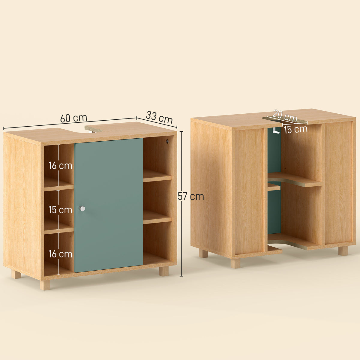 Meuble sous lavabo, meuble de salle de bain avec 6 étagères ouvertes et porte à fermeture amortie 60 x 33 x 57 cm, vert-2