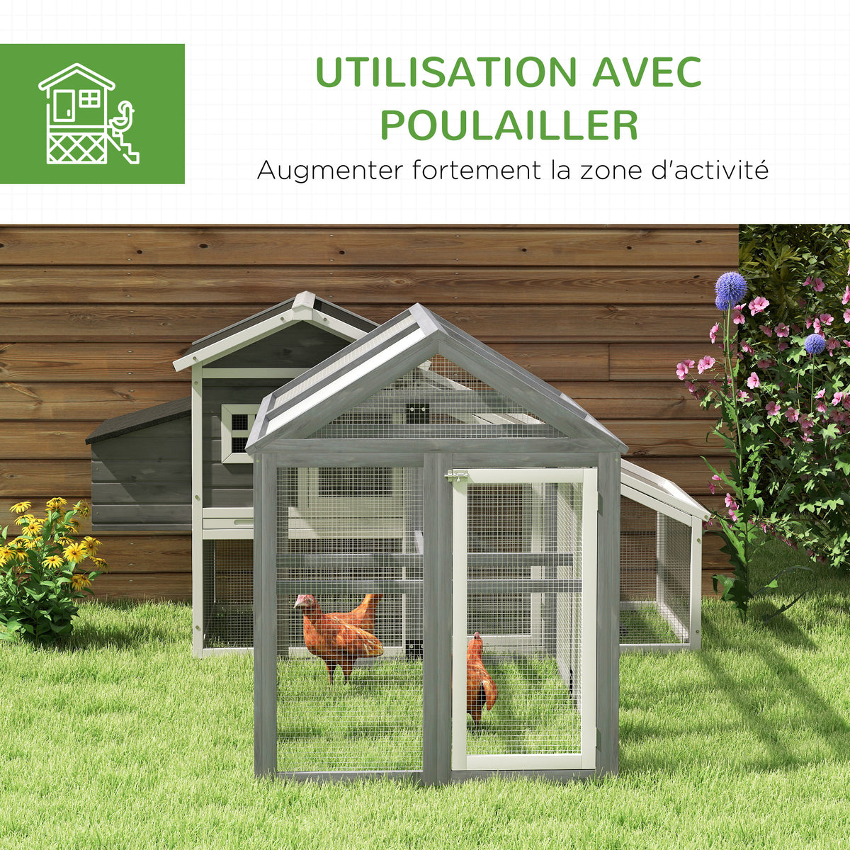 Enclos poulailler 1,18 m², parc grillagé avec porte verrouillables, cadre en bois massif, 140 x 88,5 x 106 cm, gris-5