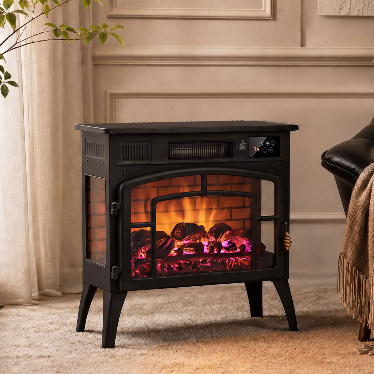 Cheminée Électrique Effet Flamme 3D Multicolore 1000W/2000W, Thermostat Réglable, Contrôle par Appli et Voix, Noir-1