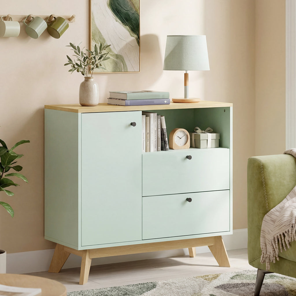 Buffet salon, meuble de rangement avec porte, 2 tiroirs, compartiment ouvert et étagère réglable, vert clair et chêne-1
