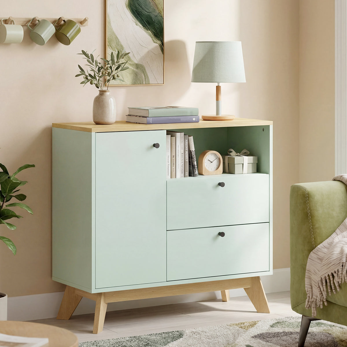 Buffet salon, meuble de rangement avec porte, 2 tiroirs, compartiment ouvert et étagère réglable, vert clair et chêne-1
