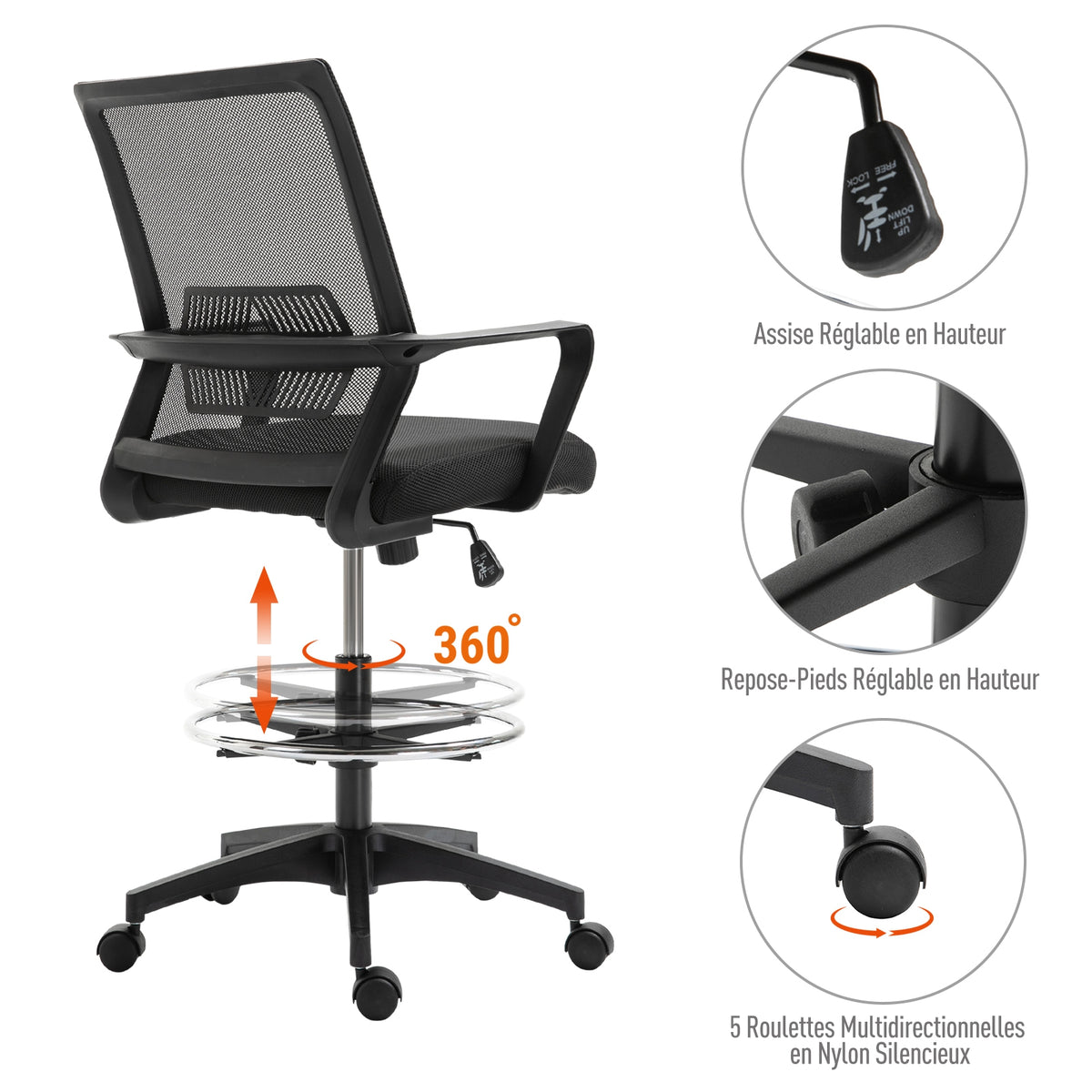 Fauteuil de bureau chaise de bureau assise haute réglable dim. 64L x 59l x 104-124H cm maille respirante noir-4