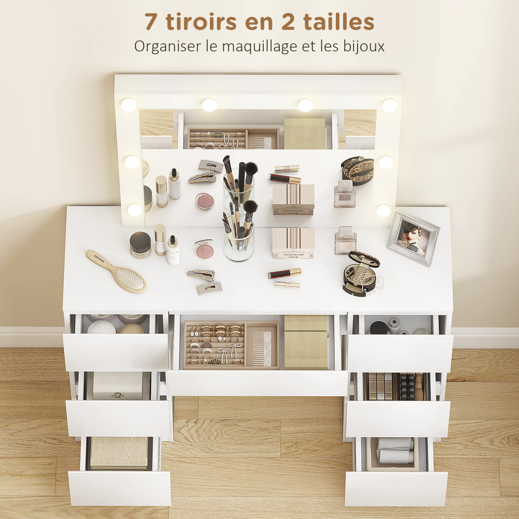 Coiffeuse avec miroir et tabouret table de maquillage avec miroir LED tabouret rembourré 7 tiroirs 110x39,5x140cm blanc-4