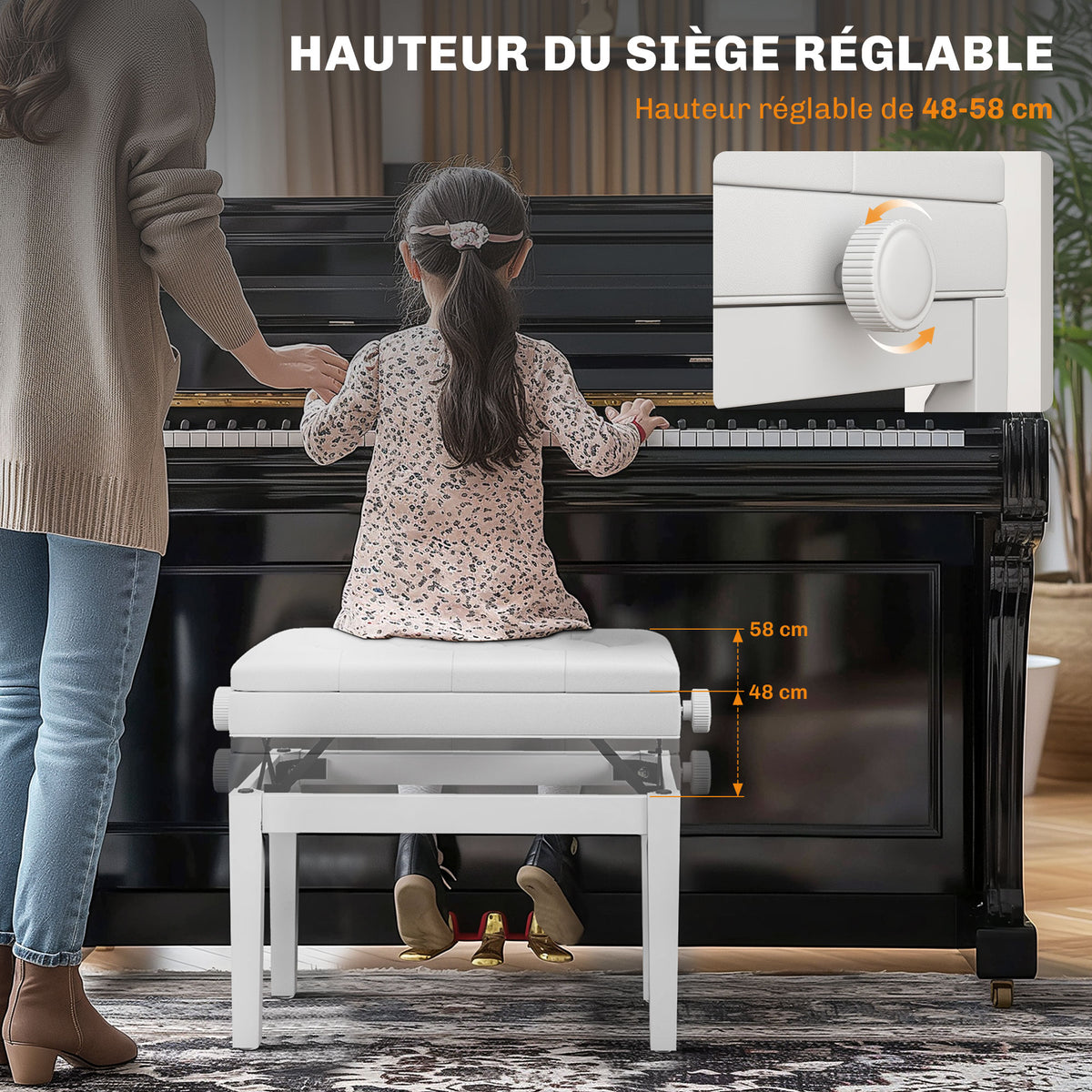Banc de piano, banc de clavier réglable en hauteur en bois massif, compartiment de rangement, 55 x 33 x 48-58 cm blanc-3