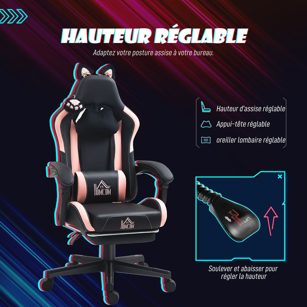 Chaise gaming ergonomique avec Oreilles de Chat, fauteuil gamer avec dossier inclinable, 65 x 62 x 124 cm, noir-4