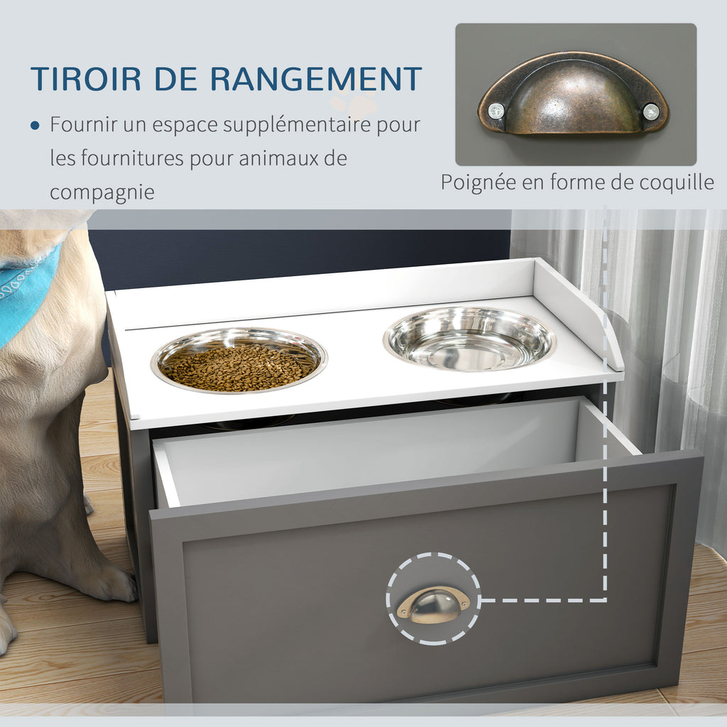 Gamelle double chien chat - porte-gamelles surélevé rangement 2 en 1 - tiroir, 2 gamelles - acier inox. MDF blanc gris-4