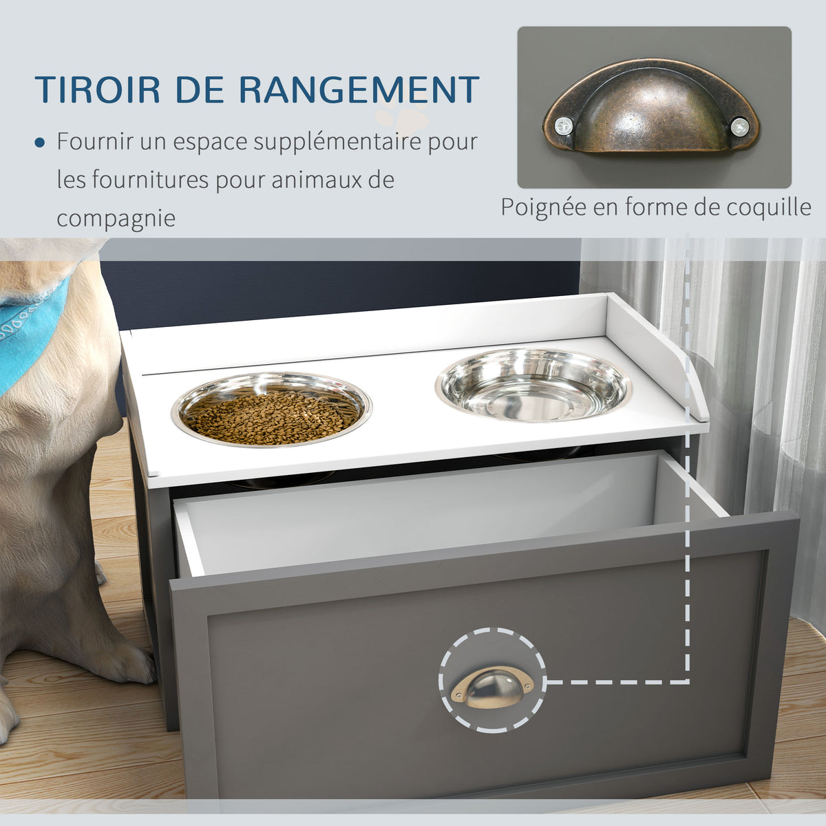 Gamelle double chien chat - porte-gamelles surélevé rangement 2 en 1 - tiroir, 2 gamelles - acier inox. MDF blanc gris-4