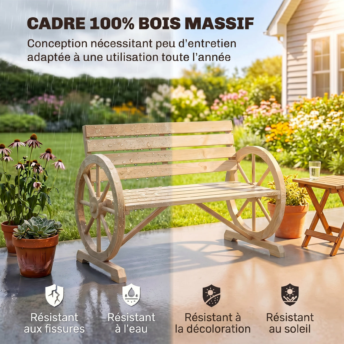 Banc de Jardin banc 3 places en bois Style Rustique Chic accoudoirs Roues Charette Bois Sapin effet bois naturel-3