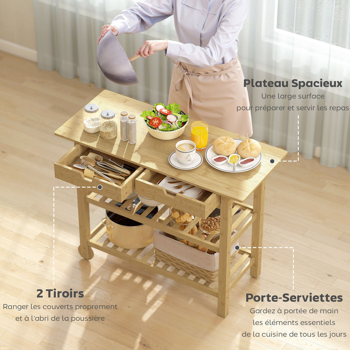 Desserte de cuisine à roulettes en bambou, chariot de cuisine avec 2 tiroirs, 2 étagères, 100 x 43 x 75 cm, bois naturel-3