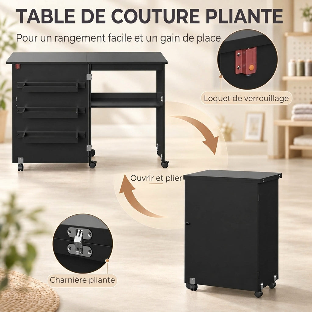 Table de couture pliante meuble couture à abattant avec bacs de rangement, étagère ouverte et roulettes, noir-4