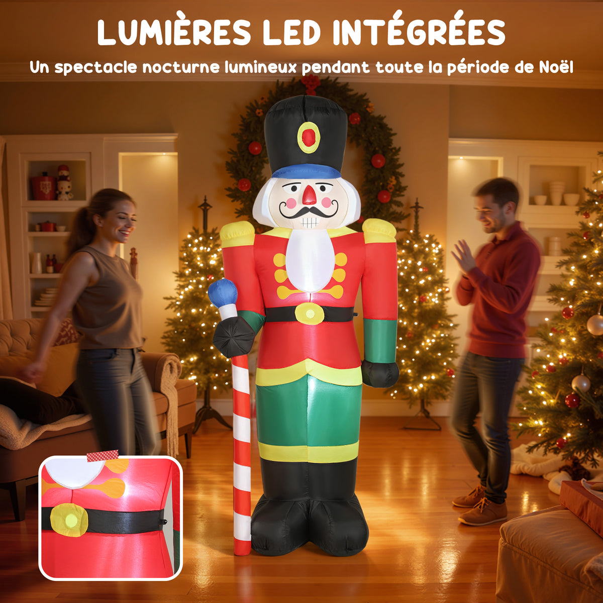 Soldat casse-noisette gonflable de Noël 245 CM avec lumières LED et sceptre, intérieur et extérieur, multicolore-3