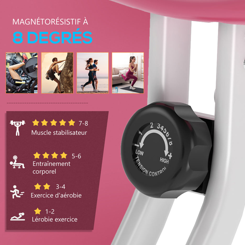 Vélo d'Appartement Pliable Magnétique Cardio-training - Sport Maison avec 8 Niveaux de Résistance et Roulettes - Silencieux Home Trainer avec Capteur de Pouls pour Fitness Homme et Femme, Rose-4