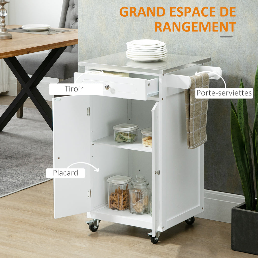 Chariot de service desserte de cuisine à roulettes multi-rangements 1 tiroir placard 2 portes acier inoxydable-3