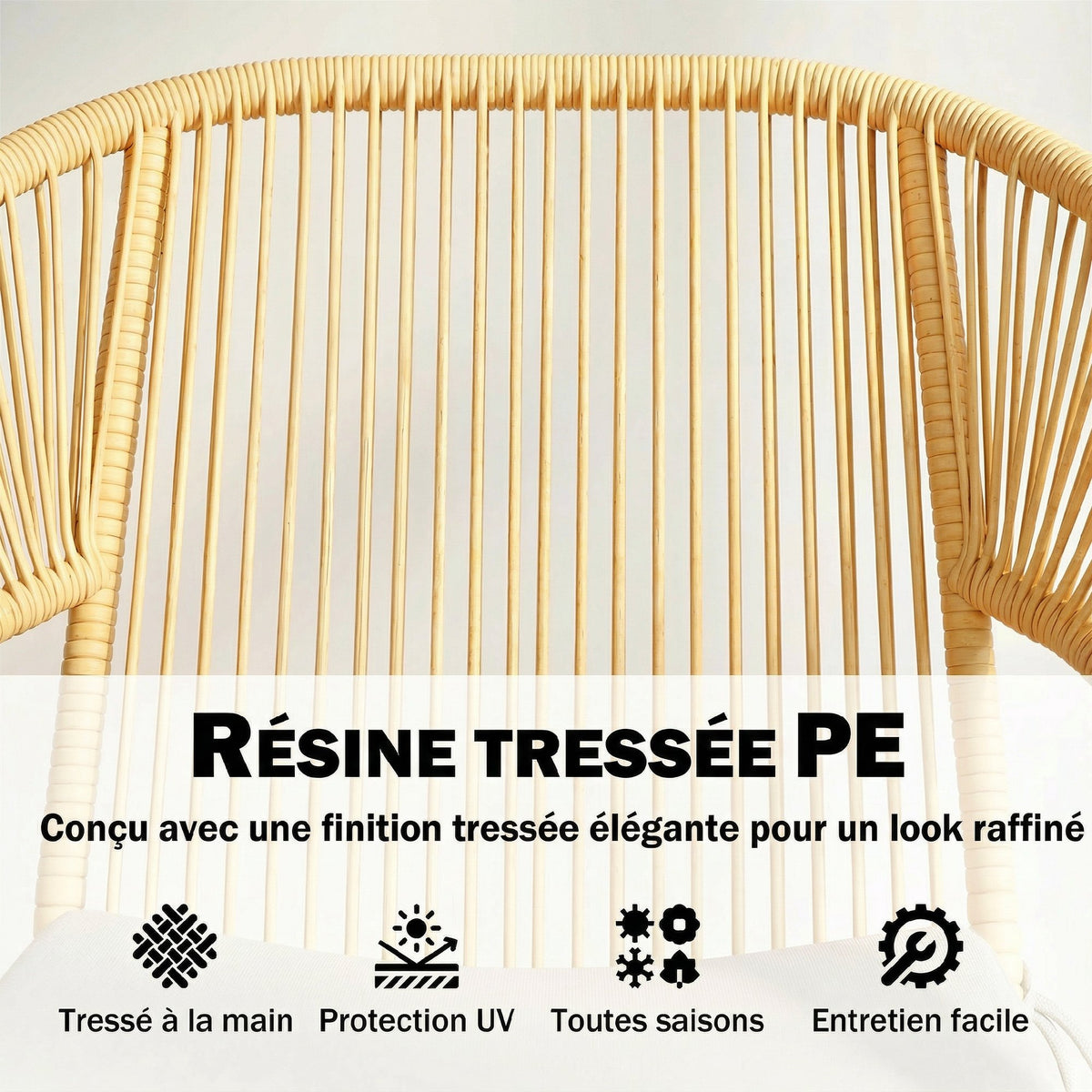 Ensemble Bistro Salon de Balcon 3 Pièces 2 Fauteuils Confortables et Table en Verre Trempé Coussins Déhoussables Beige-4
