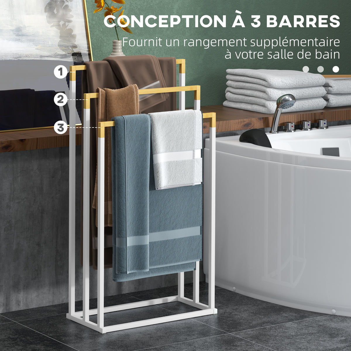 Porte-serviettes en bambou et acier sur pieds avec 3 barres support pour serviette 45 x 22,5 x 86 cm blanc et naturel-3