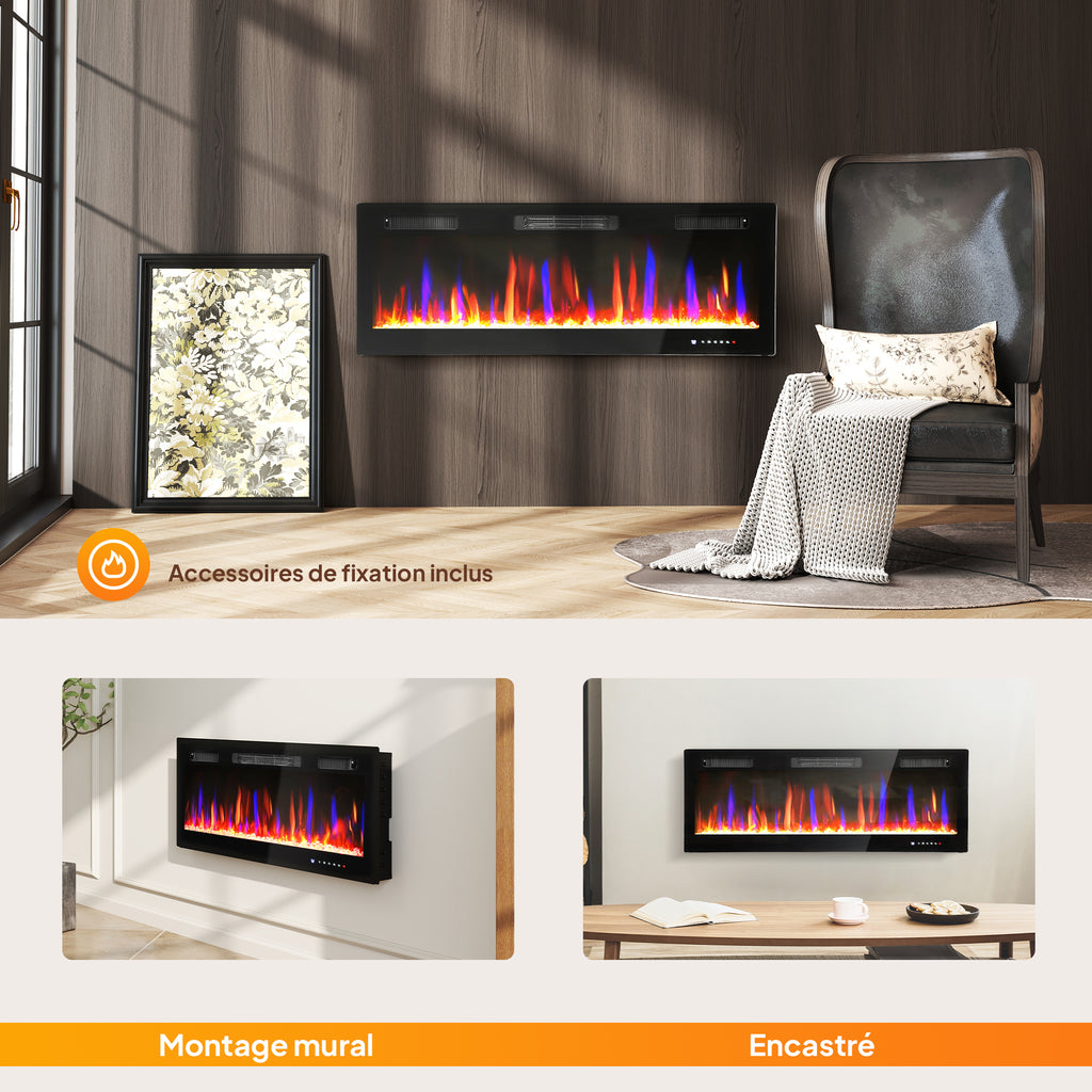 Cheminée électrique mural ou encastrable 900W/1800W, effet flamme à 12 couleurs 5 luminosités, 127 x 9,4 x 47 cm, noir-8