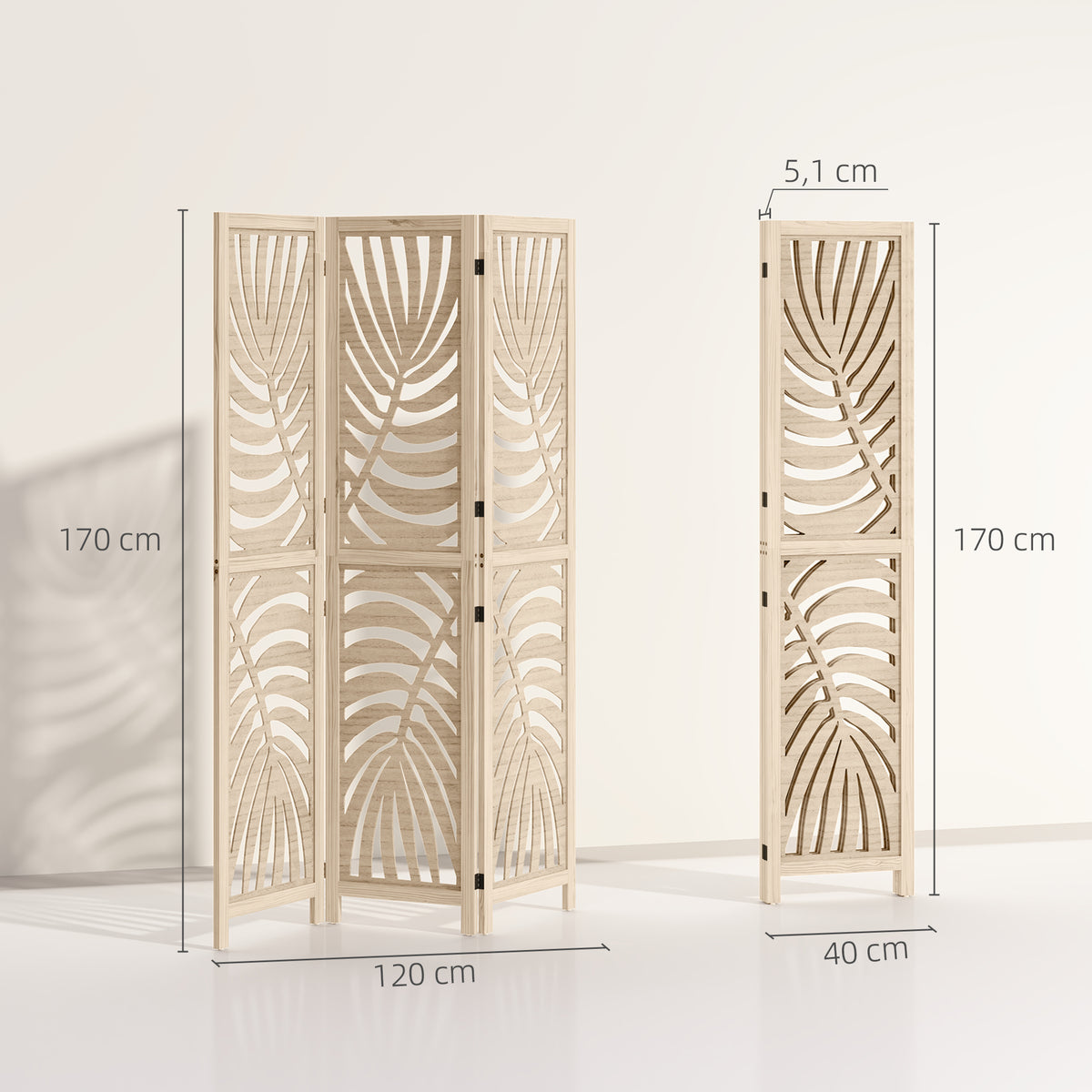 Paravent interieur en bois 3 panneaux 120 x 170 cm, pliable et portable, motif de feuille, design amovible, bois naturel-2