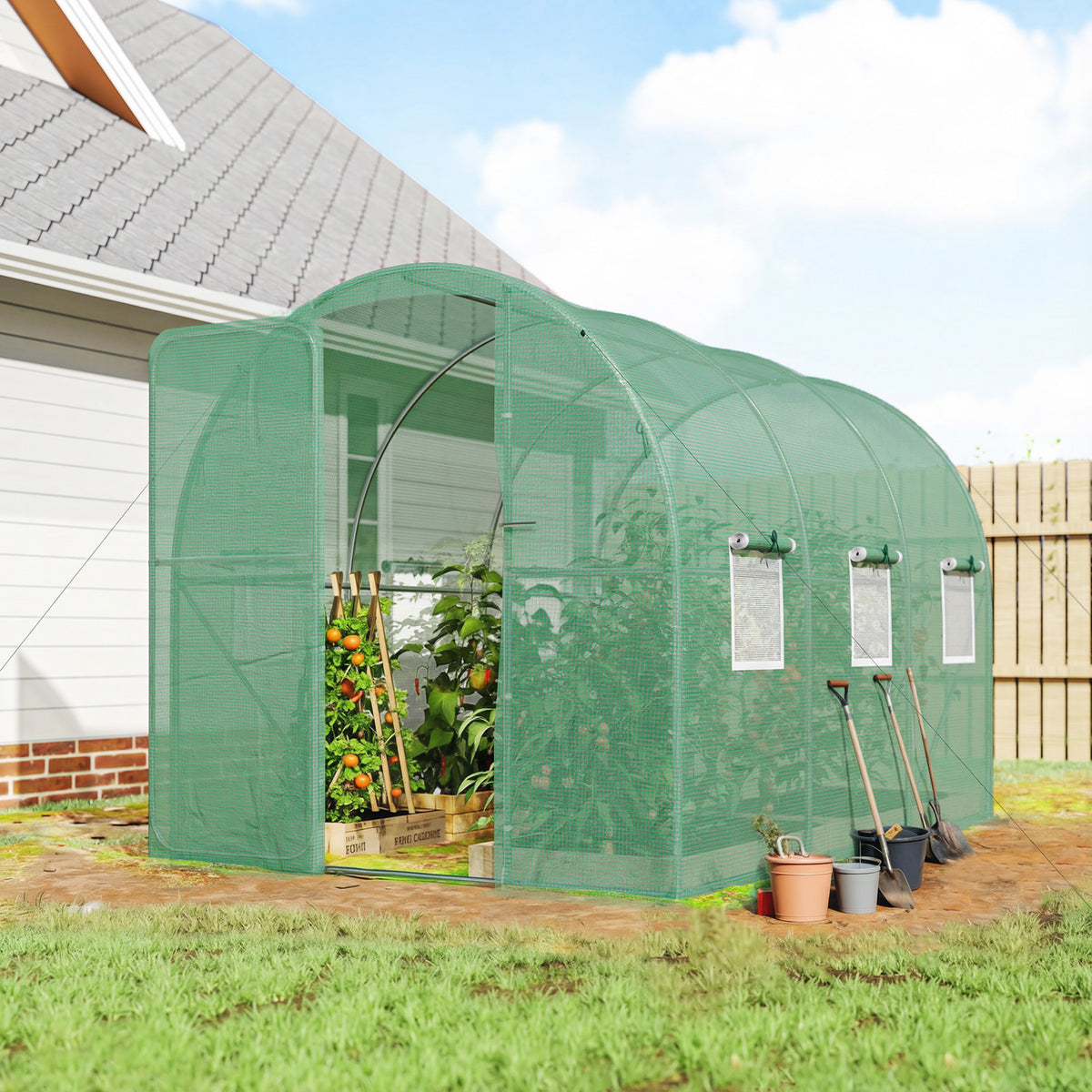 Serre tunnel de jardin 6m², serre de jardin tunnel 200x300x200cm porte et 6 fenêtres, bâche PE 140 g/m² vert-1