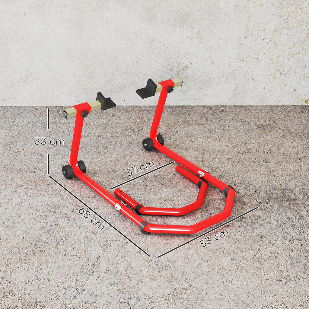 Béquille roue avant arrière charge 390kg béquille d'atelier moto bras réglable en acier, fourche en forme de U + L rouge-2