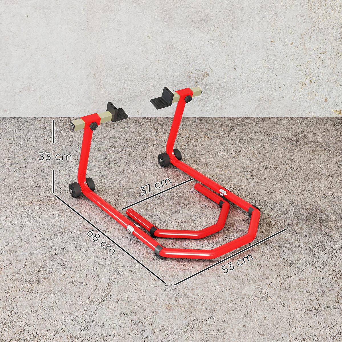 Béquille roue avant arrière charge 390kg béquille d'atelier moto bras réglable en acier, fourche en forme de U + L rouge-2