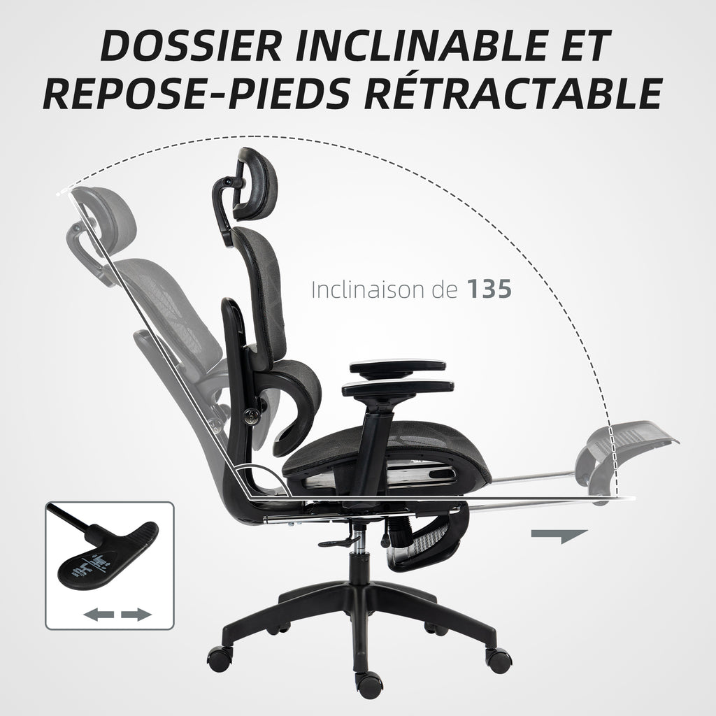 Fauteuil de bureau, chaise de bureau ergonomique en maille avec accoudoirs 3D, dossier inclinable, 66x64x122 cm, noir-5