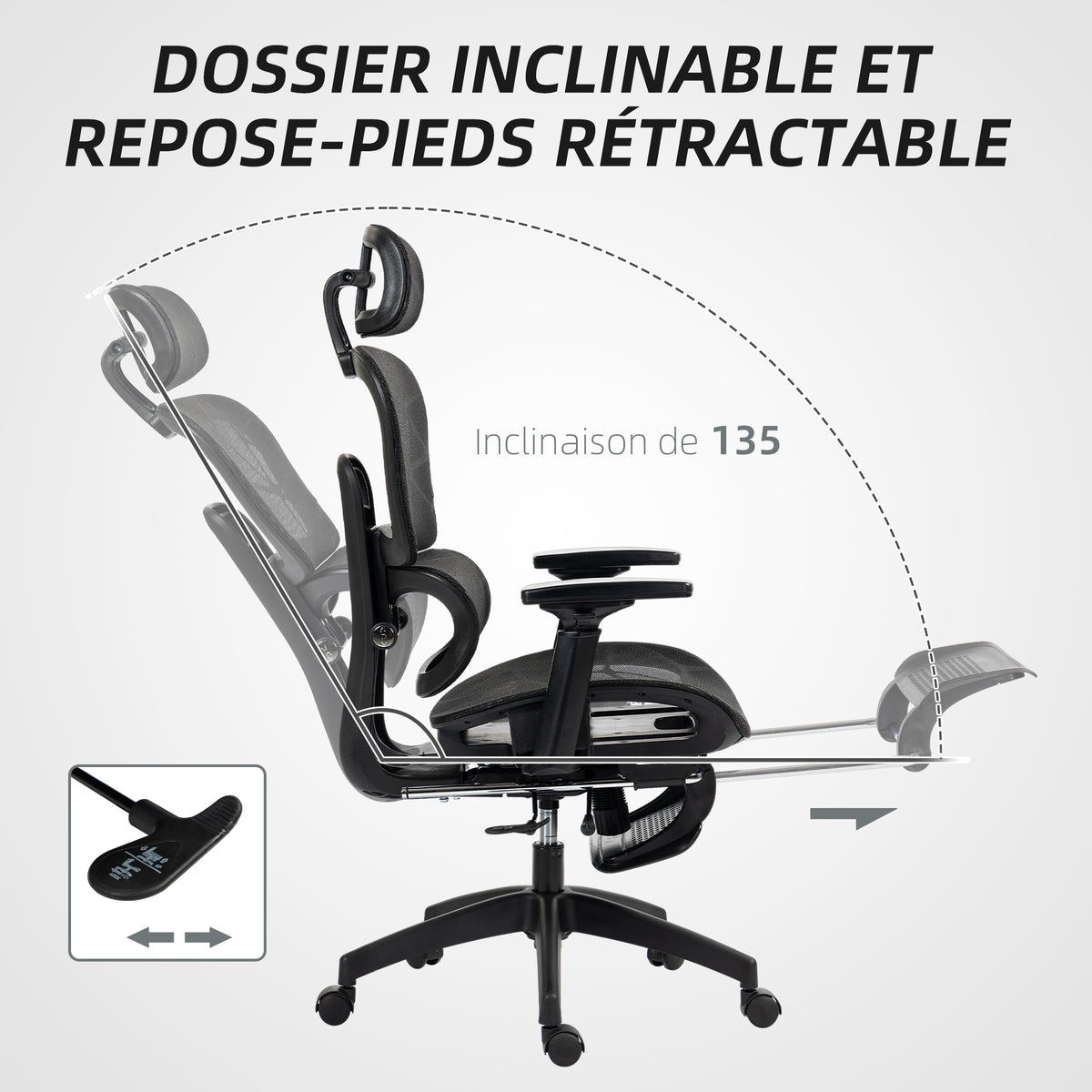 Fauteuil de bureau, chaise de bureau ergonomique en maille avec accoudoirs 3D, dossier inclinable, 66x64x122 cm, noir-5