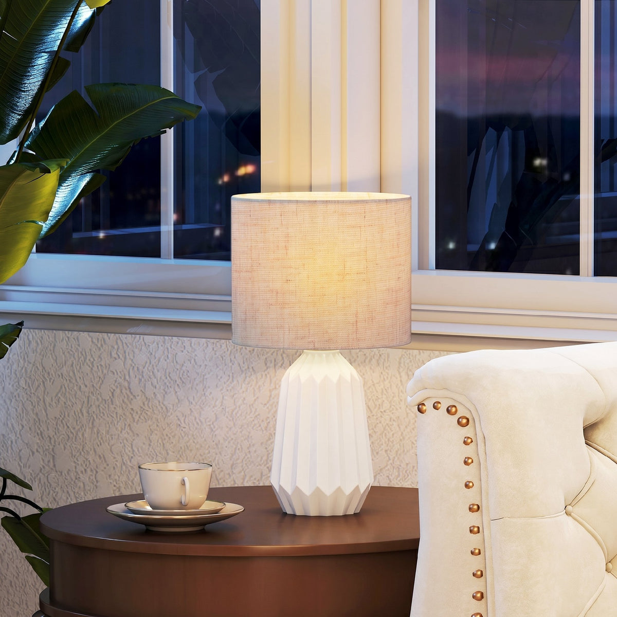 Lampe de Table avec Base en Céramique et Abat-Jour en Lin, Lampe de Chevet avec Interrupteur, Culot E27, Blanc et Beige-6