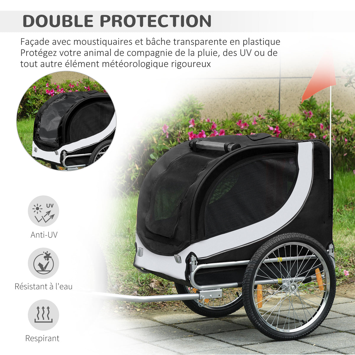 Remorque velo pour chien animaux avec drapeau et 8 reflecteurs blanc et noir-4
