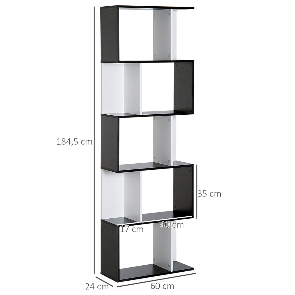 Bibliothèque à 5 niveaux, meuble de rangement en forme de S avec étagères, étagère de rangement pour salon, chambre bureau, 60 x 24 x 184,5 cm, noir, blanc-2