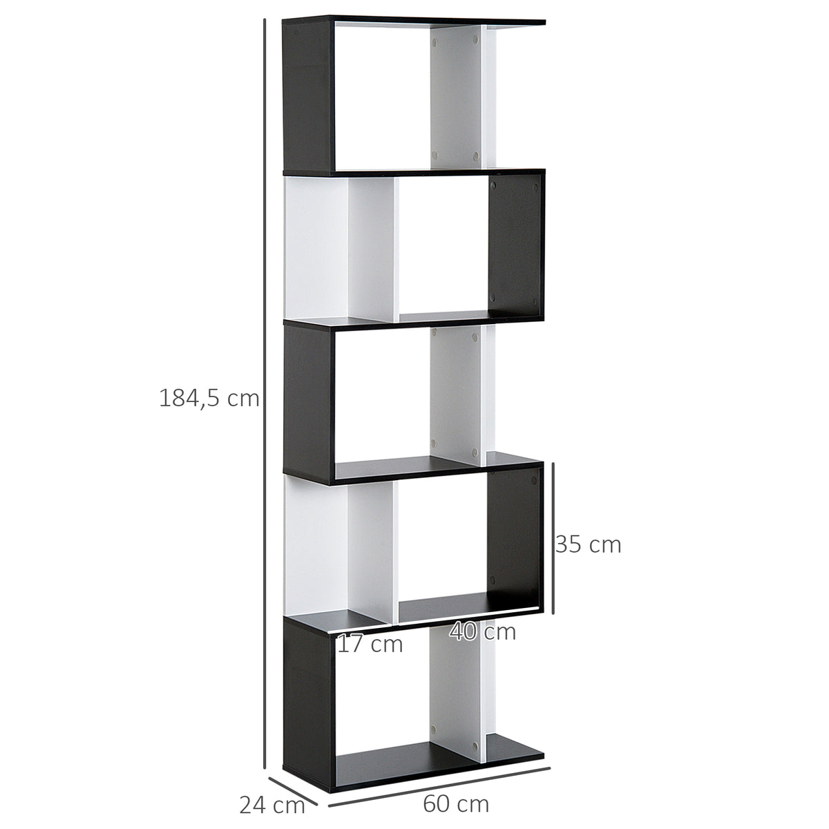 Bibliothèque à 5 niveaux, meuble de rangement en forme de S avec étagères, étagère de rangement pour salon, chambre bureau, 60 x 24 x 184,5 cm, noir, blanc-2
